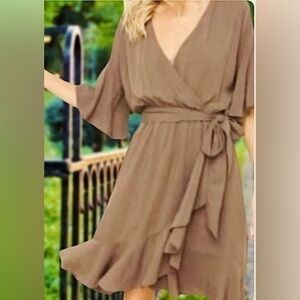 Hem and Thread Beautiful Faux Wrap Dress in Taupe Size M NWT
